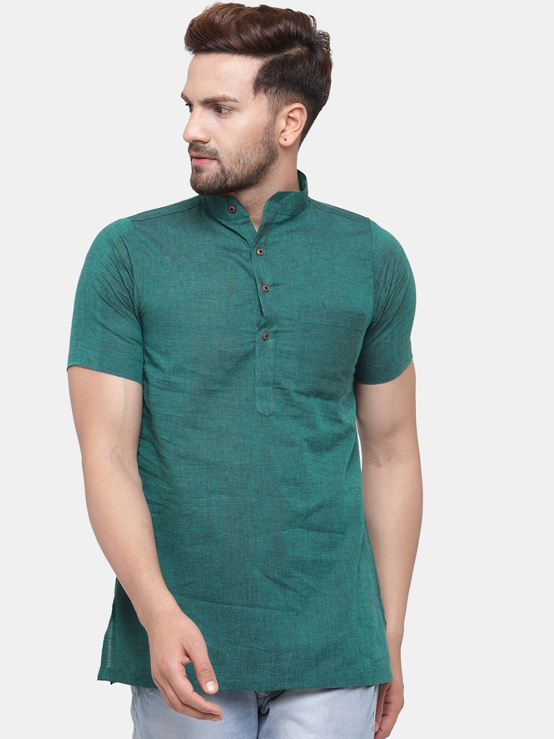 

Sayesha Men Green Solid Cotton Short Kurta