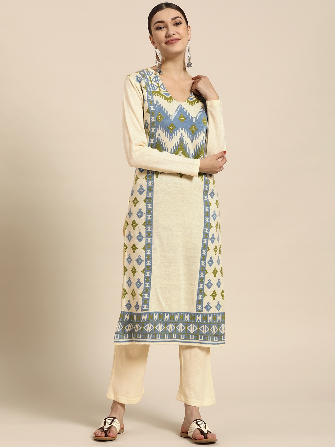 

Sangria Women Off White Ethnic Motifs Self Design Winter Kurta with Trousers
