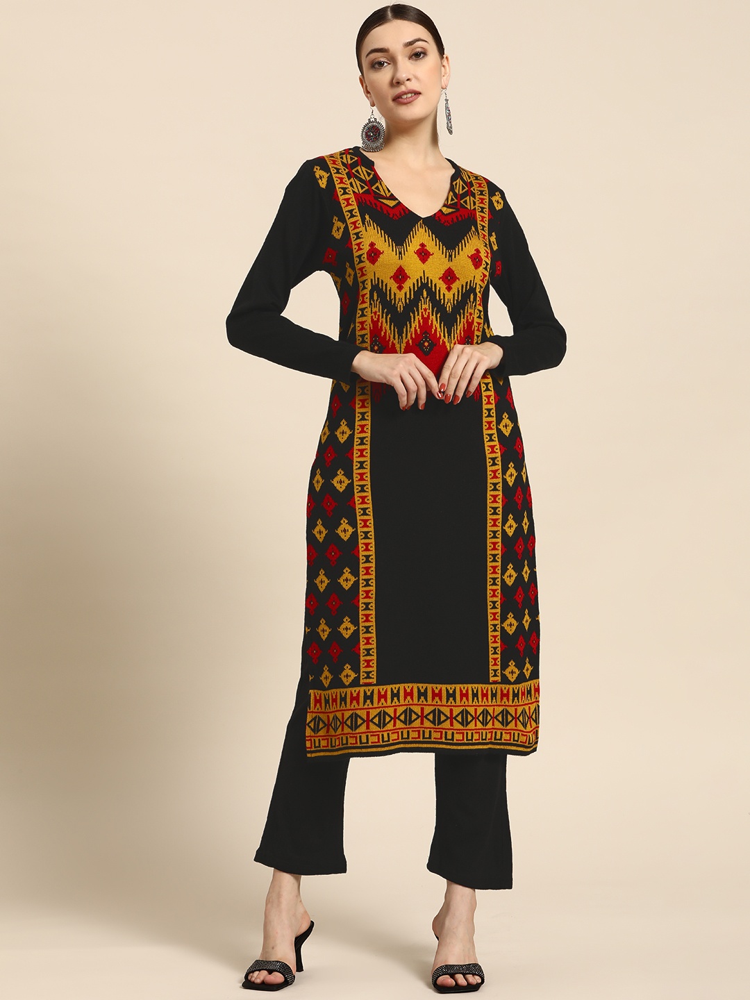 

Sangria Women Black Ethnic Motifs Self Design Winter Kurta with Trousers