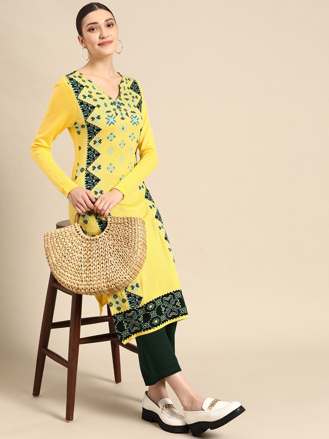 

Sangria Women Yellow & Green Ethnic Motifs Winter Kurta with Trousers