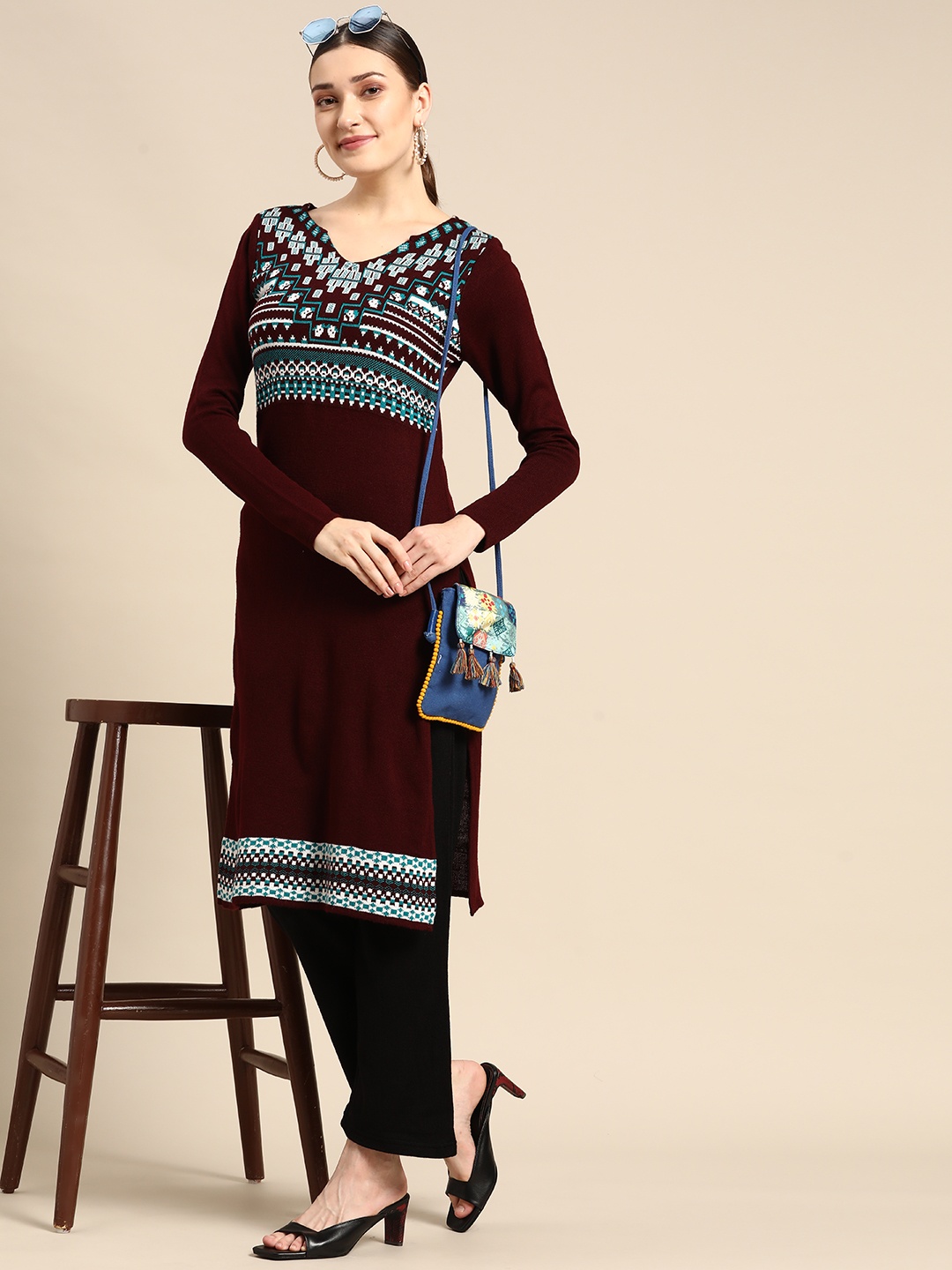 

Sangria Women Burgundy & Black Ethnic Motifs Winter Kurta with Trousers