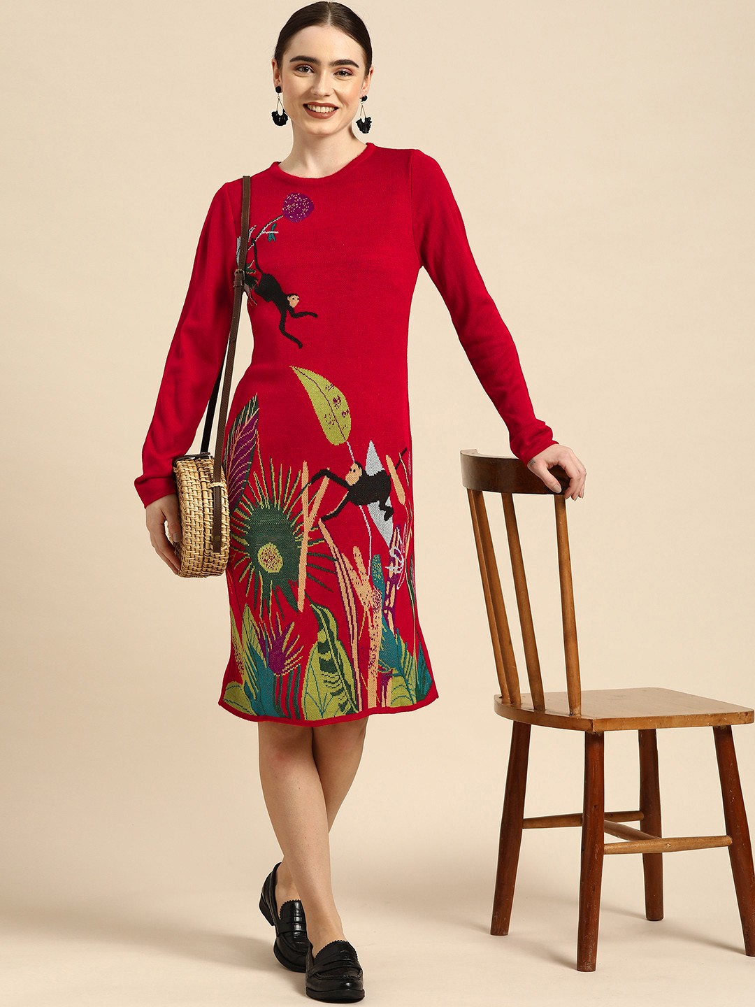 

Sangria Red Acrylic Self-Design Jumper Dress