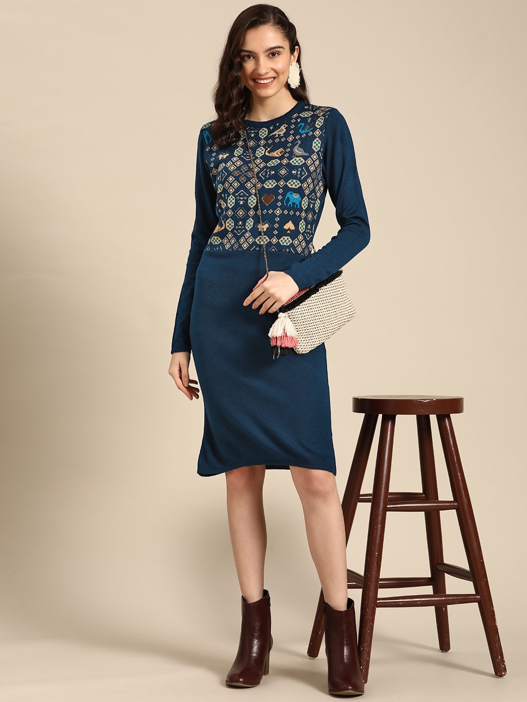 

Sangria Ethnic Motifs Embroidered Jumper Dress, Navy blue