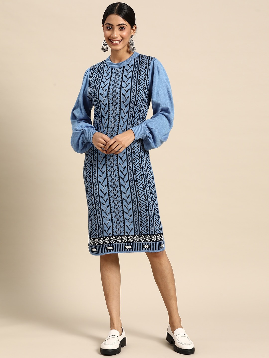 

Sangria Blue & Black Acrylic Geometric Patterned Sweater Dress