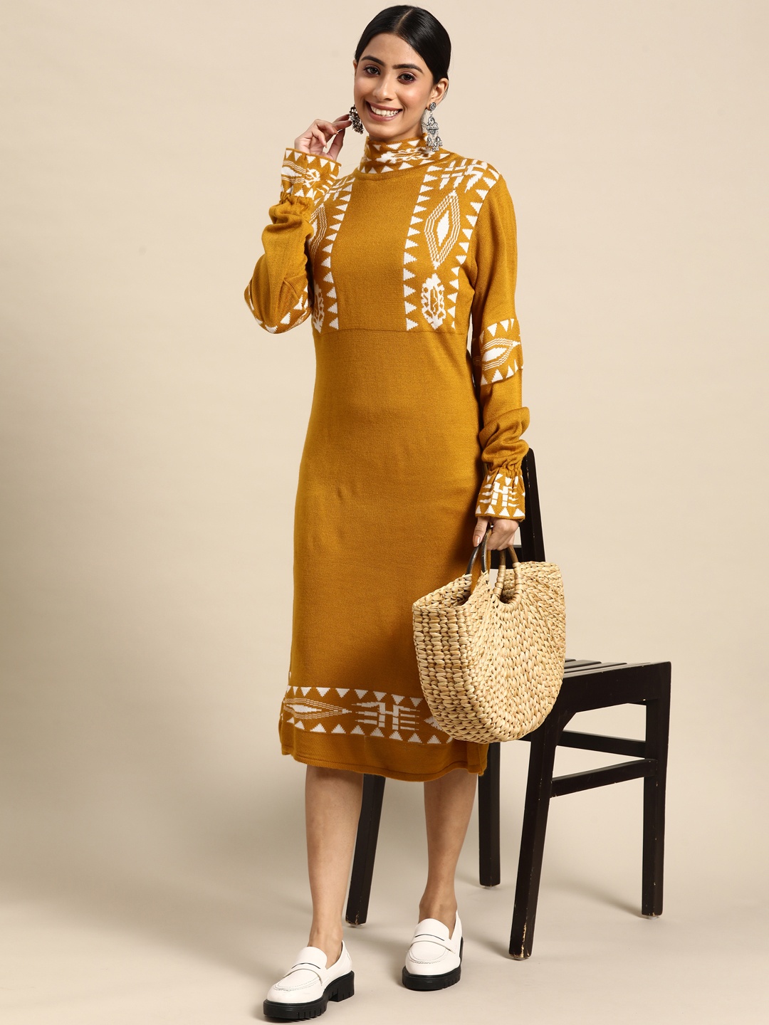 

Sangria Mustard Yellow & Off White Acrylic Sweater Dress