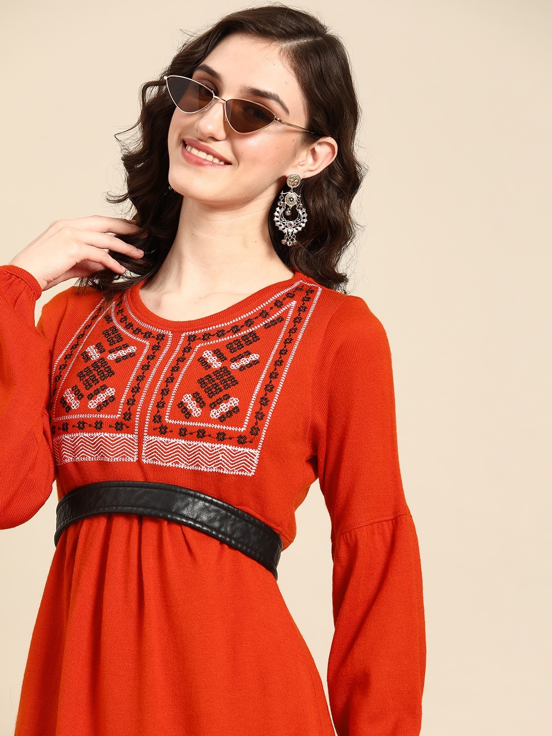 

Sangria Rust Orange Ethnic Motifs Embroidered Winter Acrylic A-Line Dress
