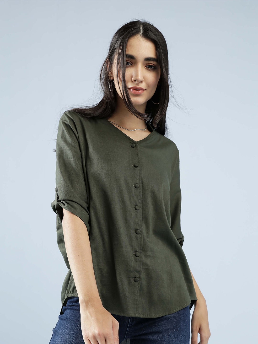 

IDK Women Olive Green Solid Roll-Up Sleeves Shirt Style Top