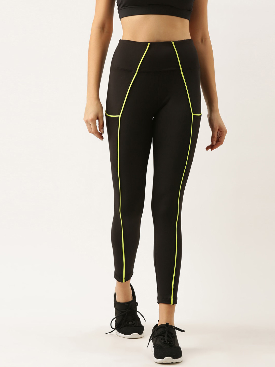 

Bannos Swagger Women Black Solid Ankle-Length Neon Green Piping Tights