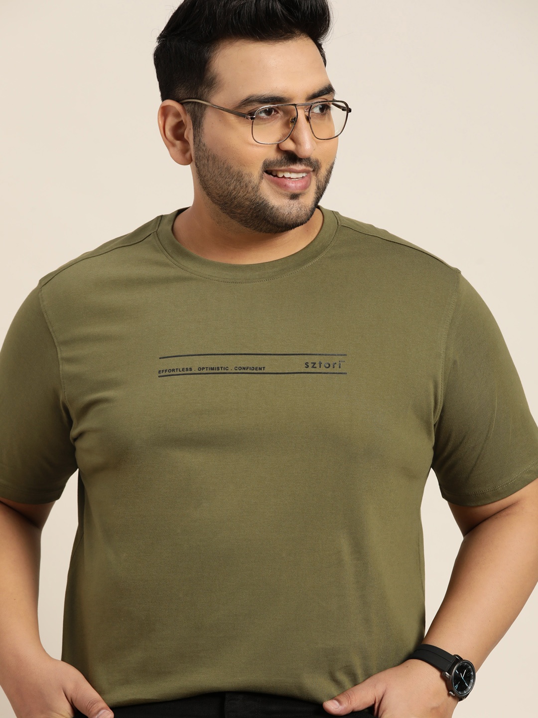 

Sztori Men Plus Size Olive Green Typography Printed Pure Cotton T-shirt