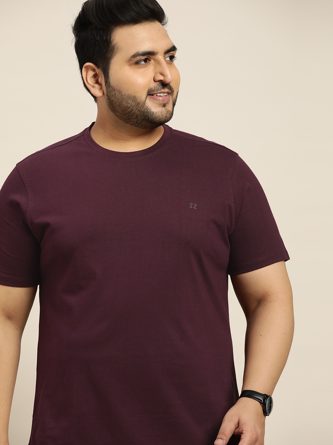 

Sztori Men Plus Size Purple Solid Knitted Pure Cotton T-shirt