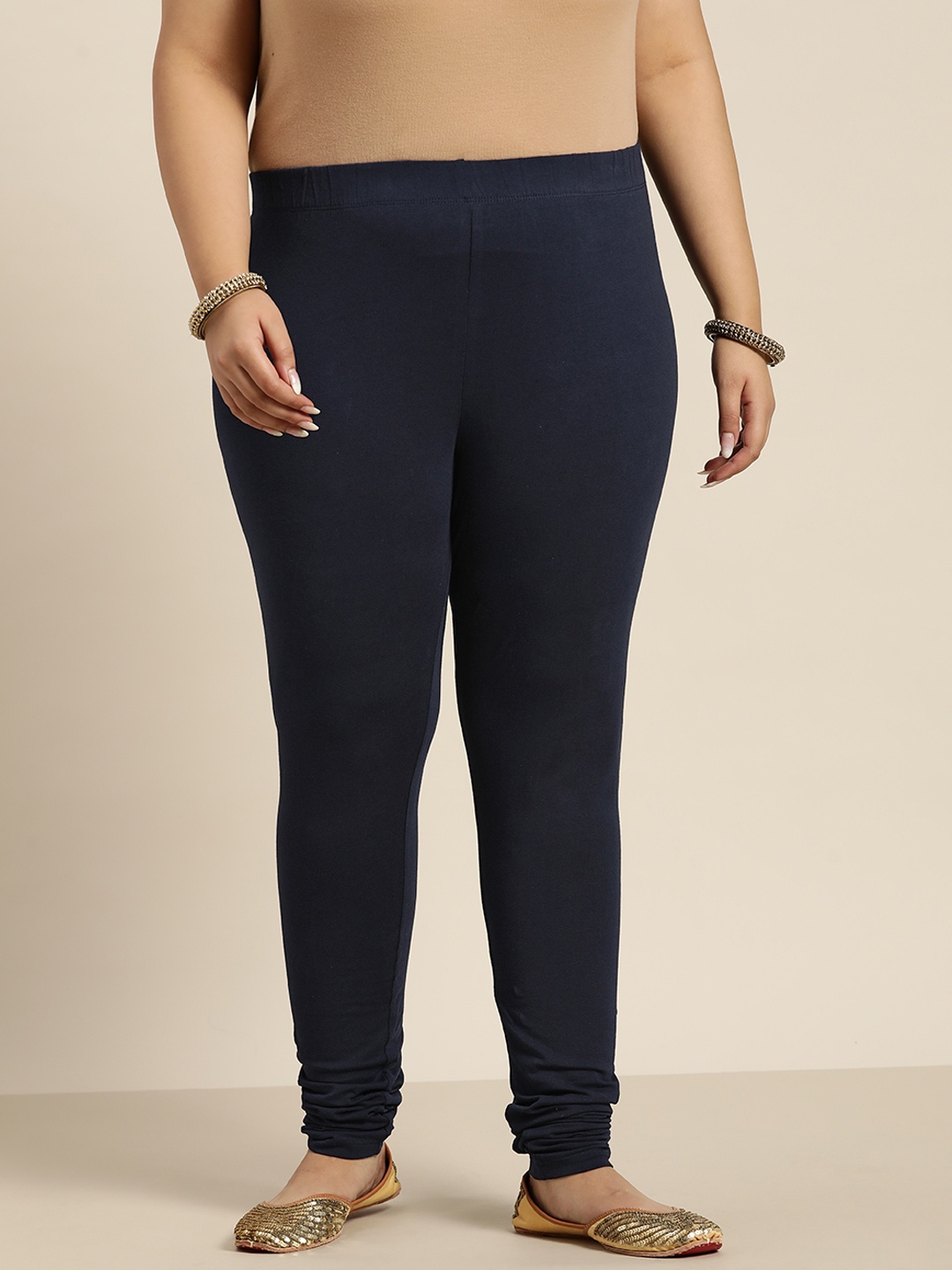 

Sztori Women Plus Size Navy Blue Solid Churidar Leggings