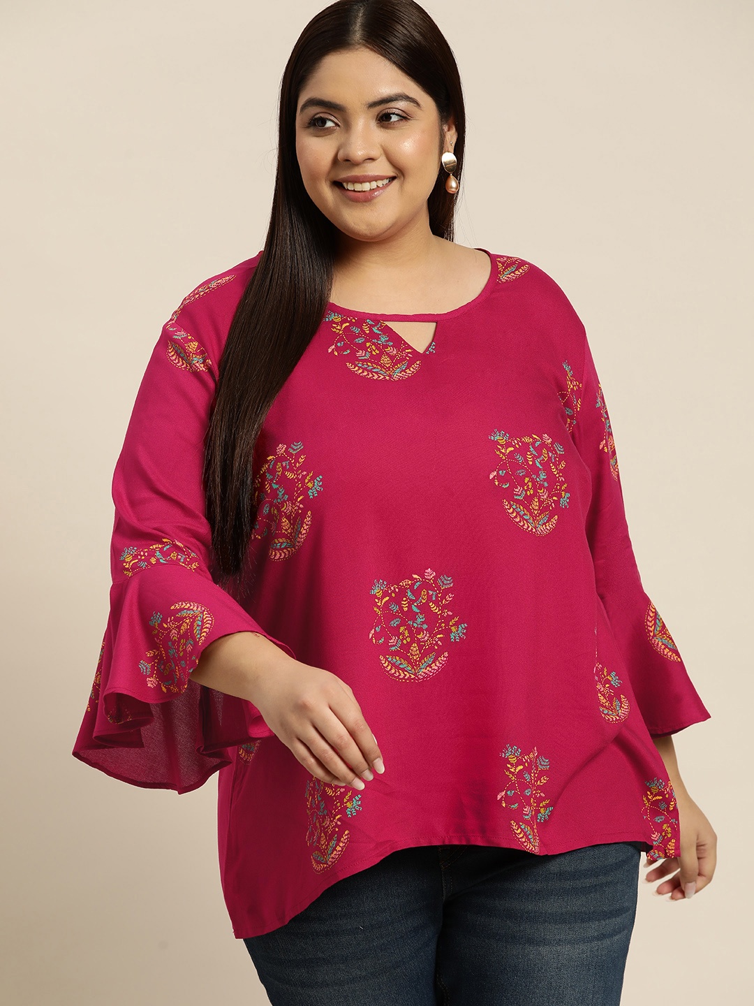 

Sztori Plus Size Magenta & Blue Floral Print Cut-Out Detail Top