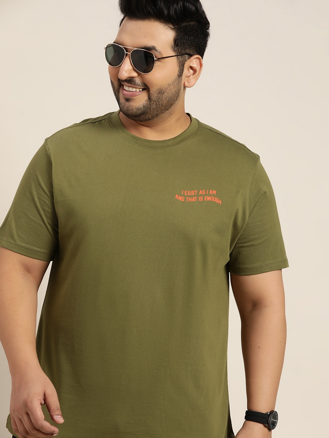 

Sztori Men Plus Size Olive Green & Orange Typography Printed Pure Cotton T-shirt