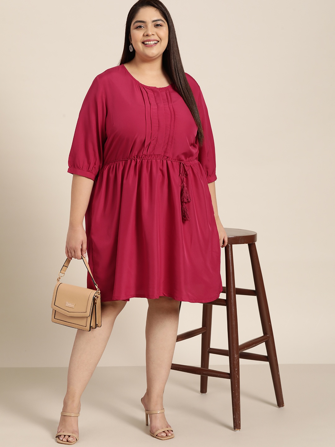 

Sztori Plus Size Magenta Solid Pleated Fit & Flare Dress with Pocket