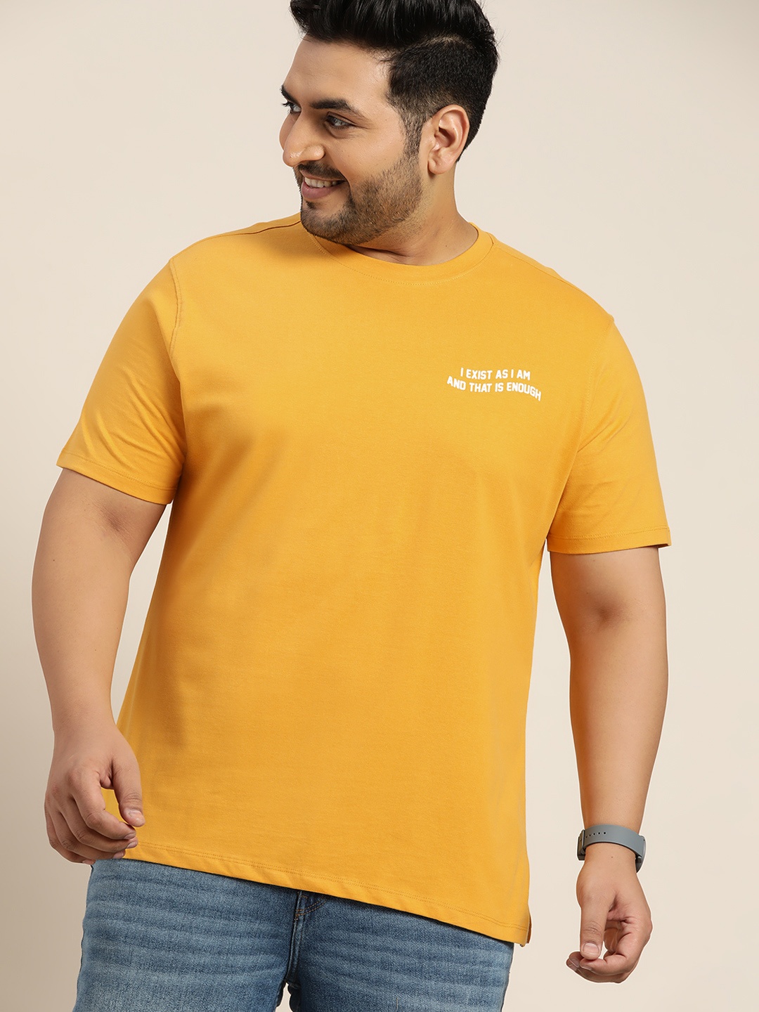 

Sztori Men Plus Size Mustard Yellow & White Typography Printed Pure Cotton T-shirt