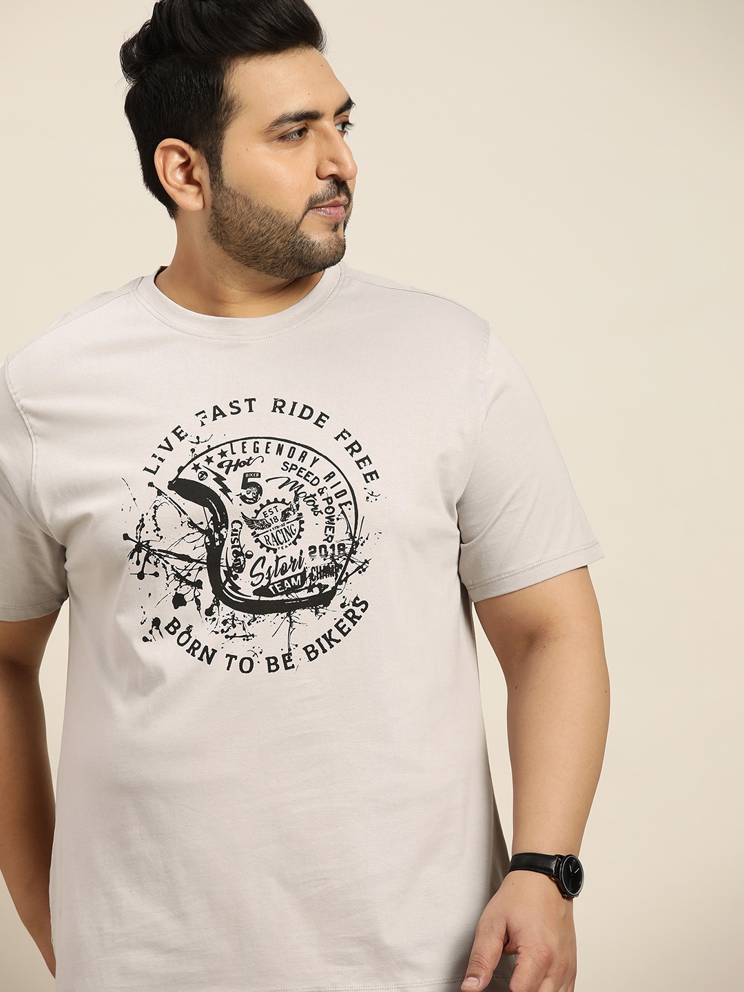 

Sztori Men Plus Size Grey & Black Typography Printed Pure Cotton T-shirt