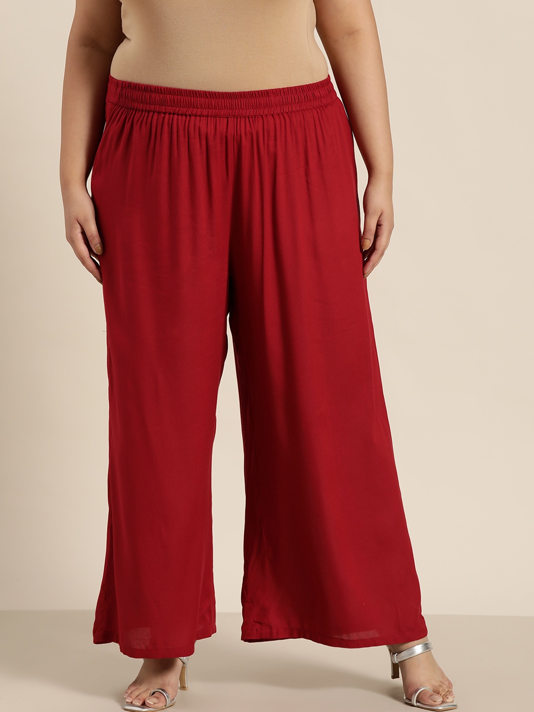 

Sztori Women Plus Size Red Solid Ethnic Straight Fit Palazzos