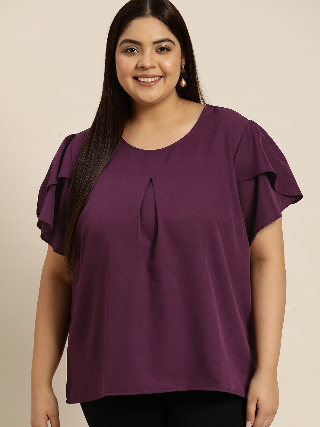 

Sztori Plus Size Burgundy Flutter Sleeves Top