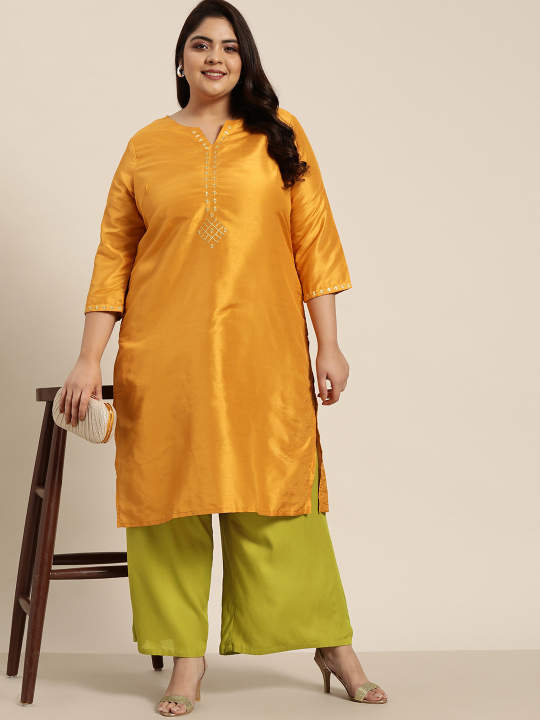 

Sztori Women Plus Size Green Ethnic Straight Fit Palazzos