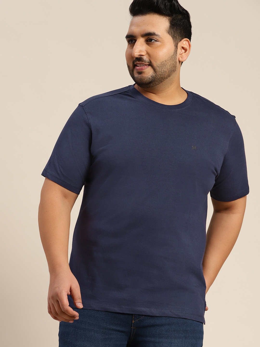 

Sztori Men Plus Size Navy Blue Solid Pure Cotton T-shirt