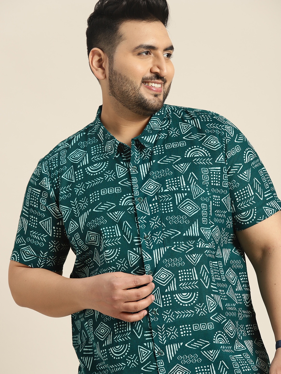 

Sztori Men Plus Size Cotton Linen Tribal Print Casual Shirt, Sea green