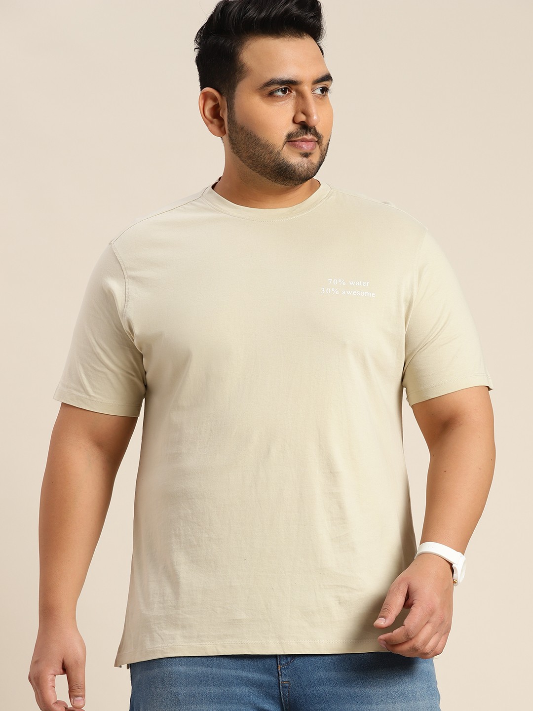 

Sztori Men Plus Size Beige Printed Pure Cotton Regular Fit T-shirt