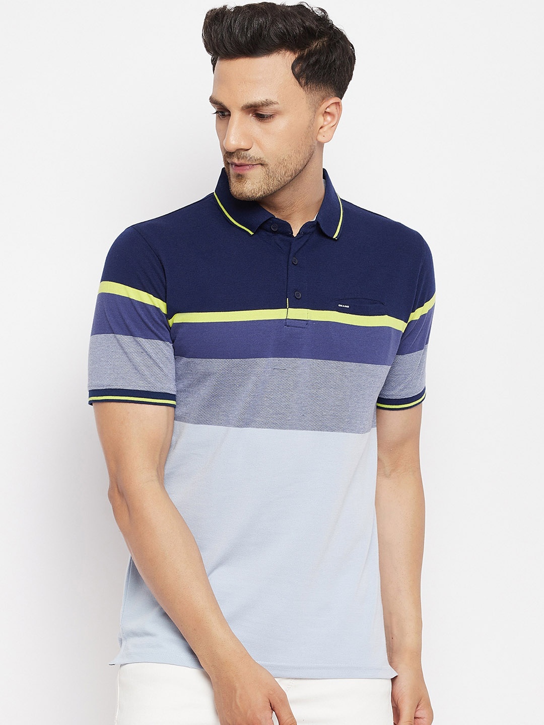 

Okane Men Blue Striped Polo Collar Cotton T-shirt