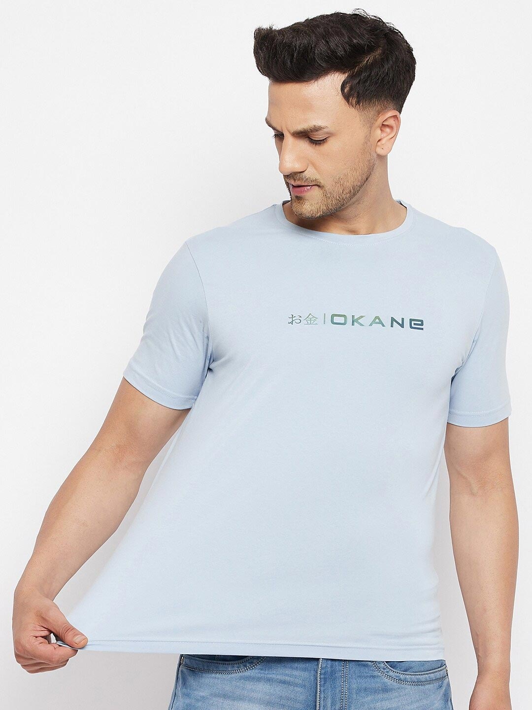 

Okane Men Blue Typography Printed T-shirt