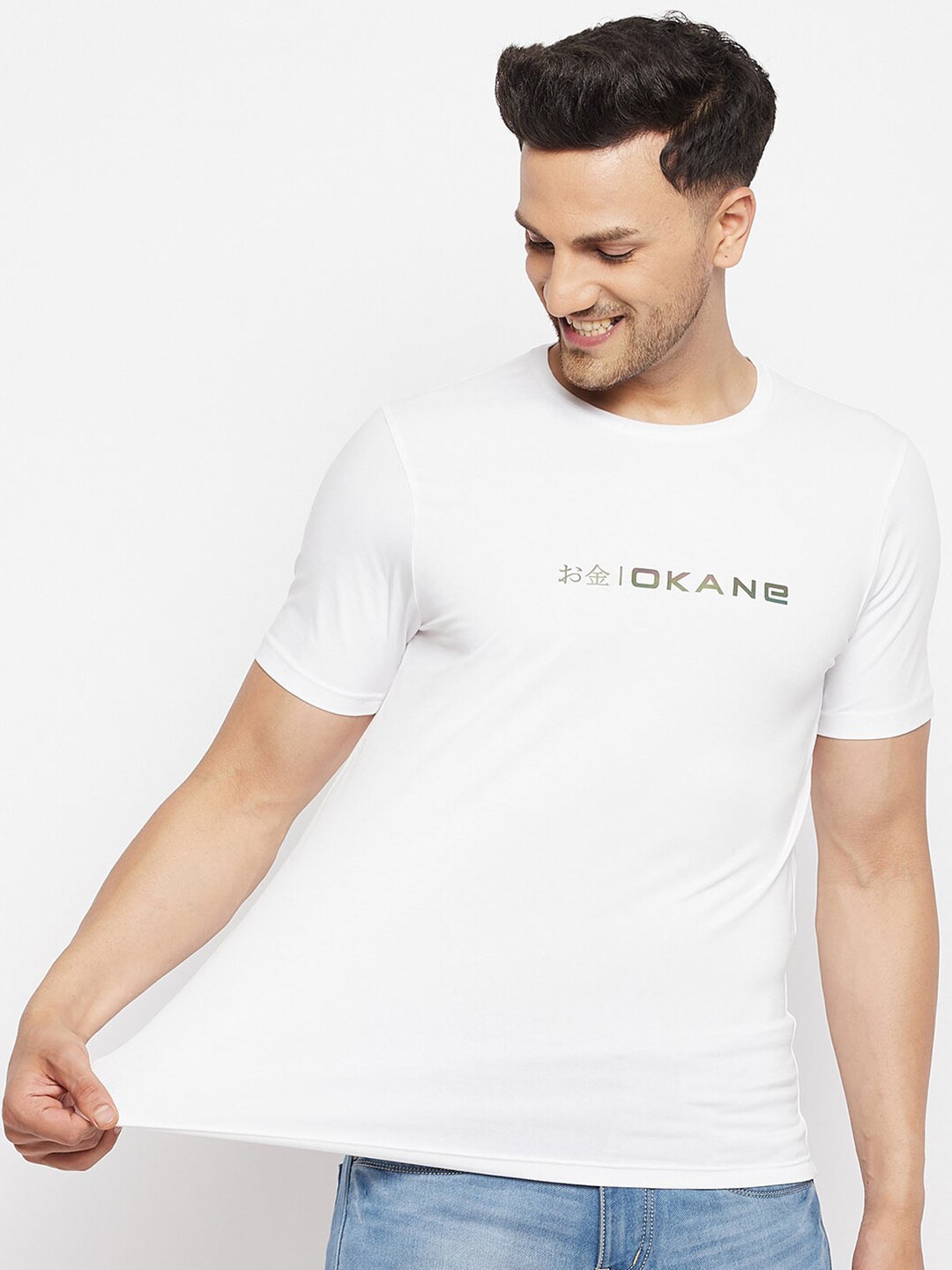 

Okane Men White Typography Printed Cotton T-shirt