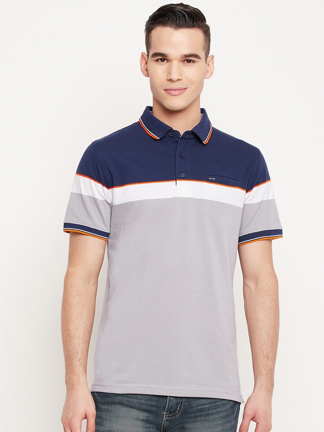 

Okane Men Navy Blue Colourblocked Polo Collar T-shirt