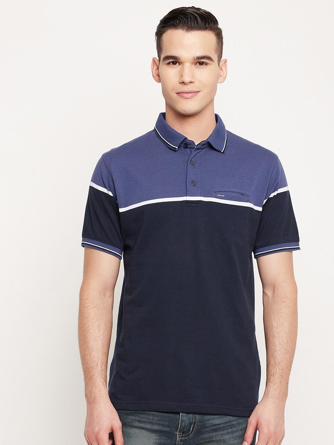 

Okane Men Navy Blue Colourblocked Polo Collar T-shirt