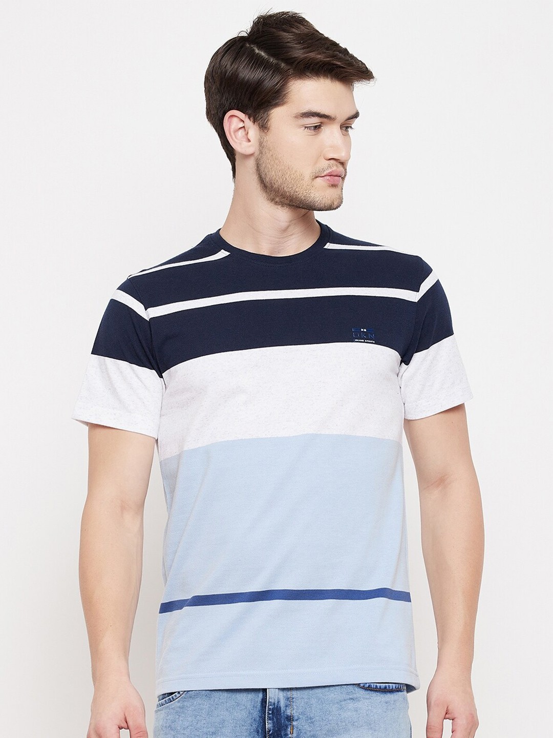 

Okane Men Navy Blue & White Colourblocked Cotton T-shirt