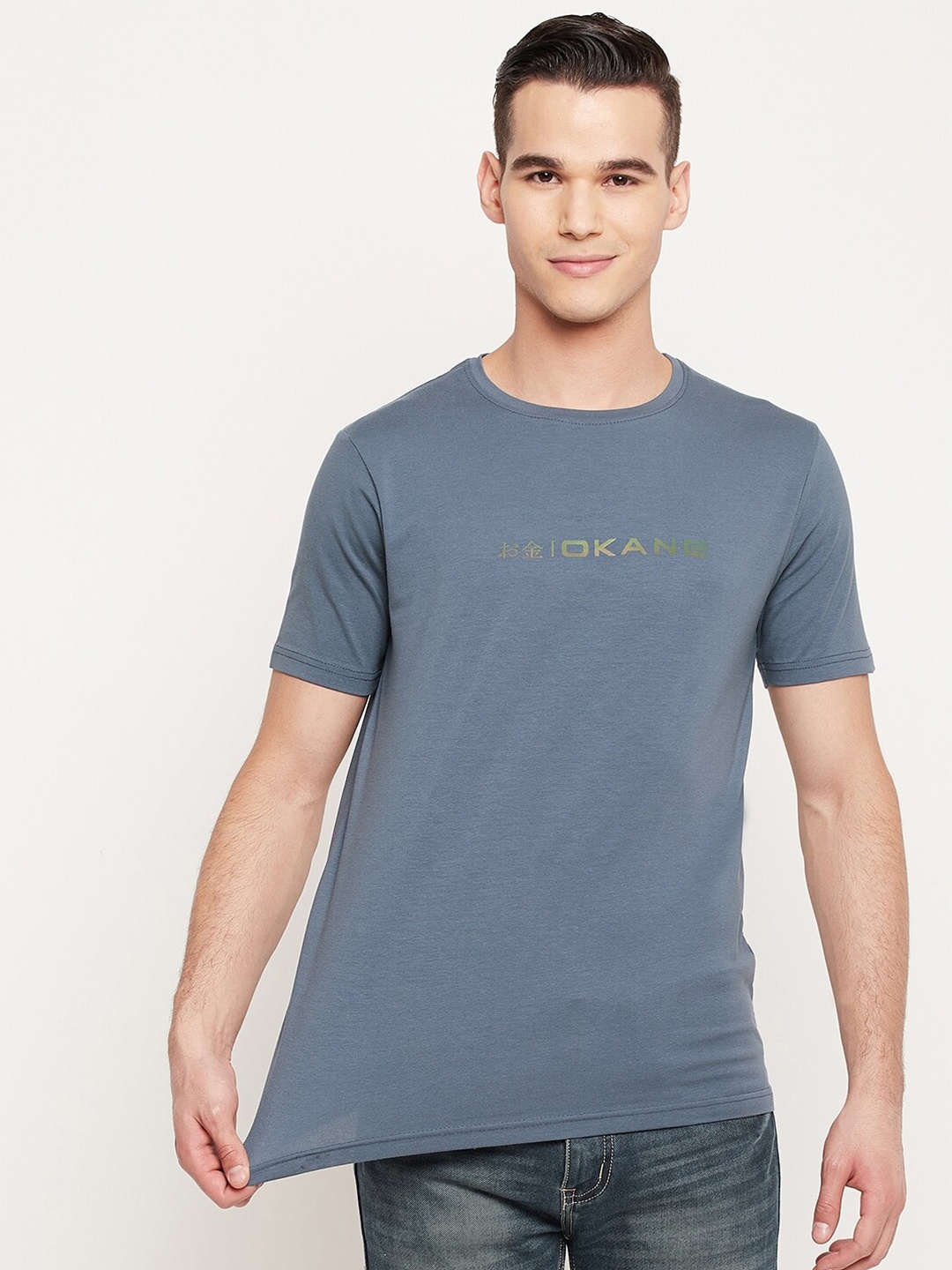 

Okane Men Blue Typography Printed T-shirt