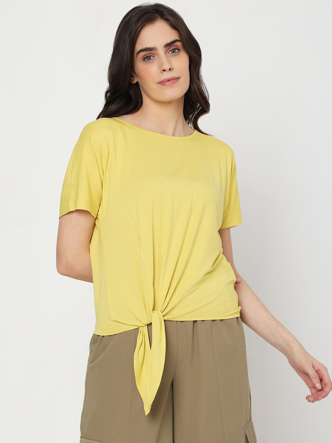 

Vero Moda Women Yellow Solid Front Knot T-shirt