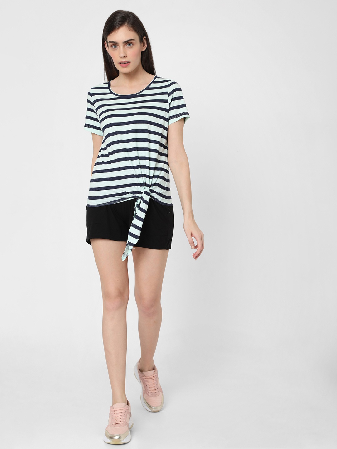 

Vero Moda Women Pink Striped Tie-Up Cotton T-shirt
