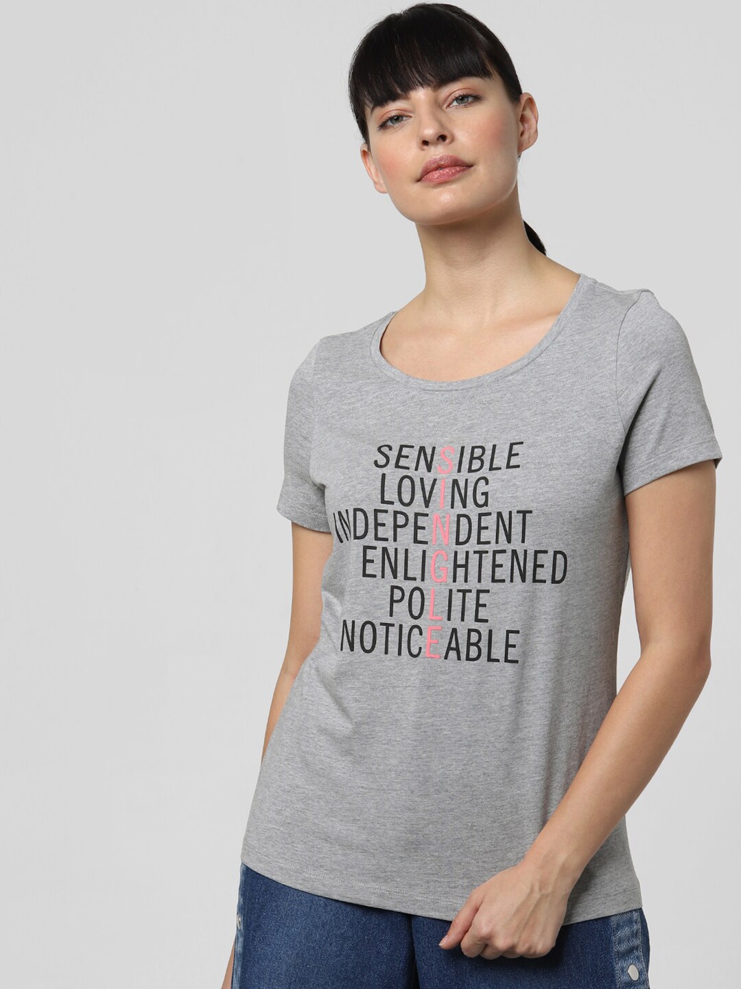 

Vero Moda Women Grey Typography Printed T-shirt