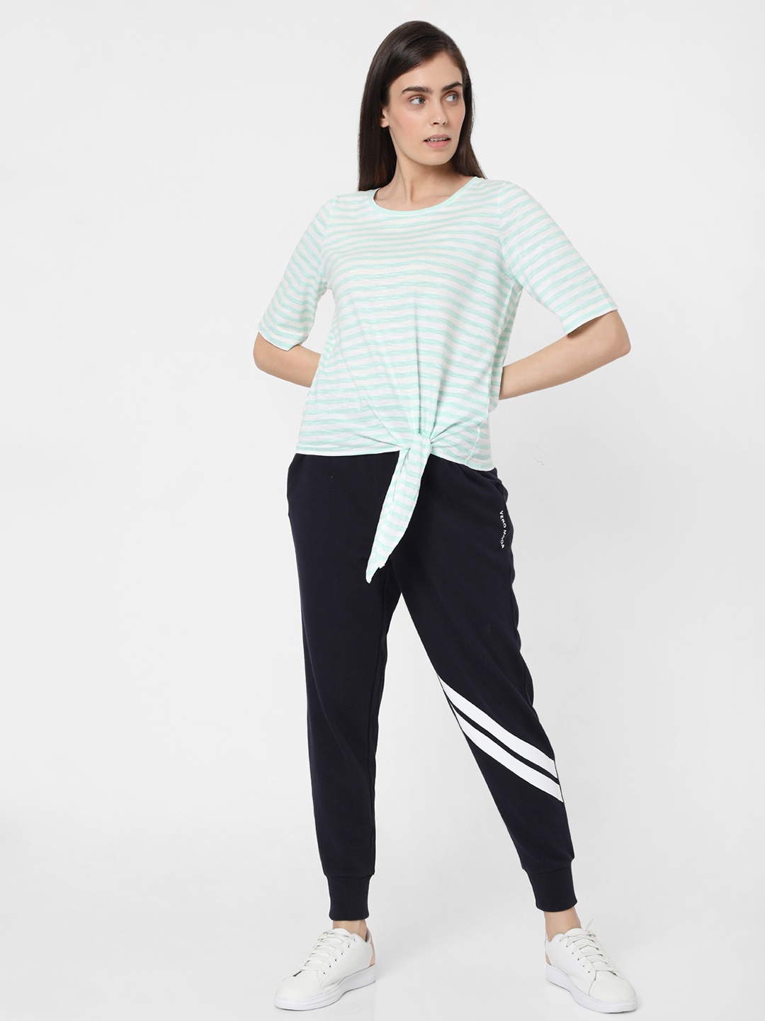 

Vero Moda Women Blue Striped Cotton T-shirt