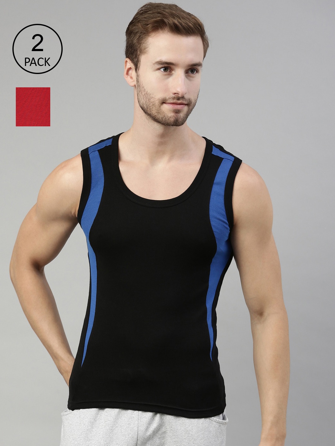 

DIXCY SCOTT Men Black & Red Pack Of 2 Colourblocked Cotton Innerwear Gym Vests