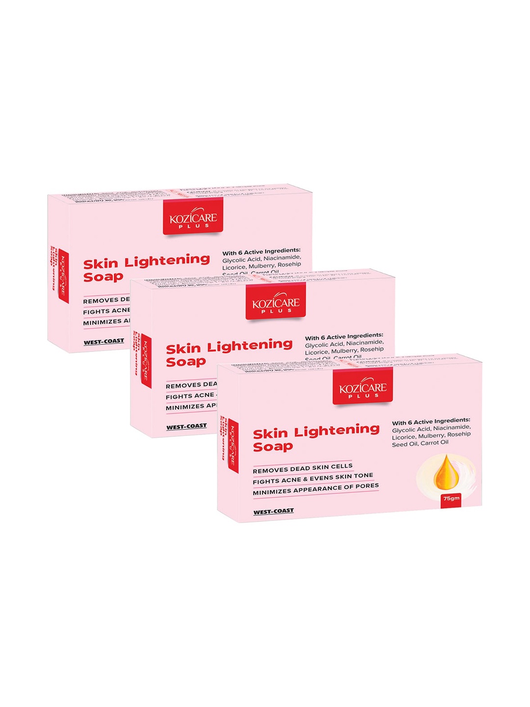 

KOZICARE Unisex Plus Set Of 3 Skin Lightening Soaps with Kojic Acid -75 g Each, Pink