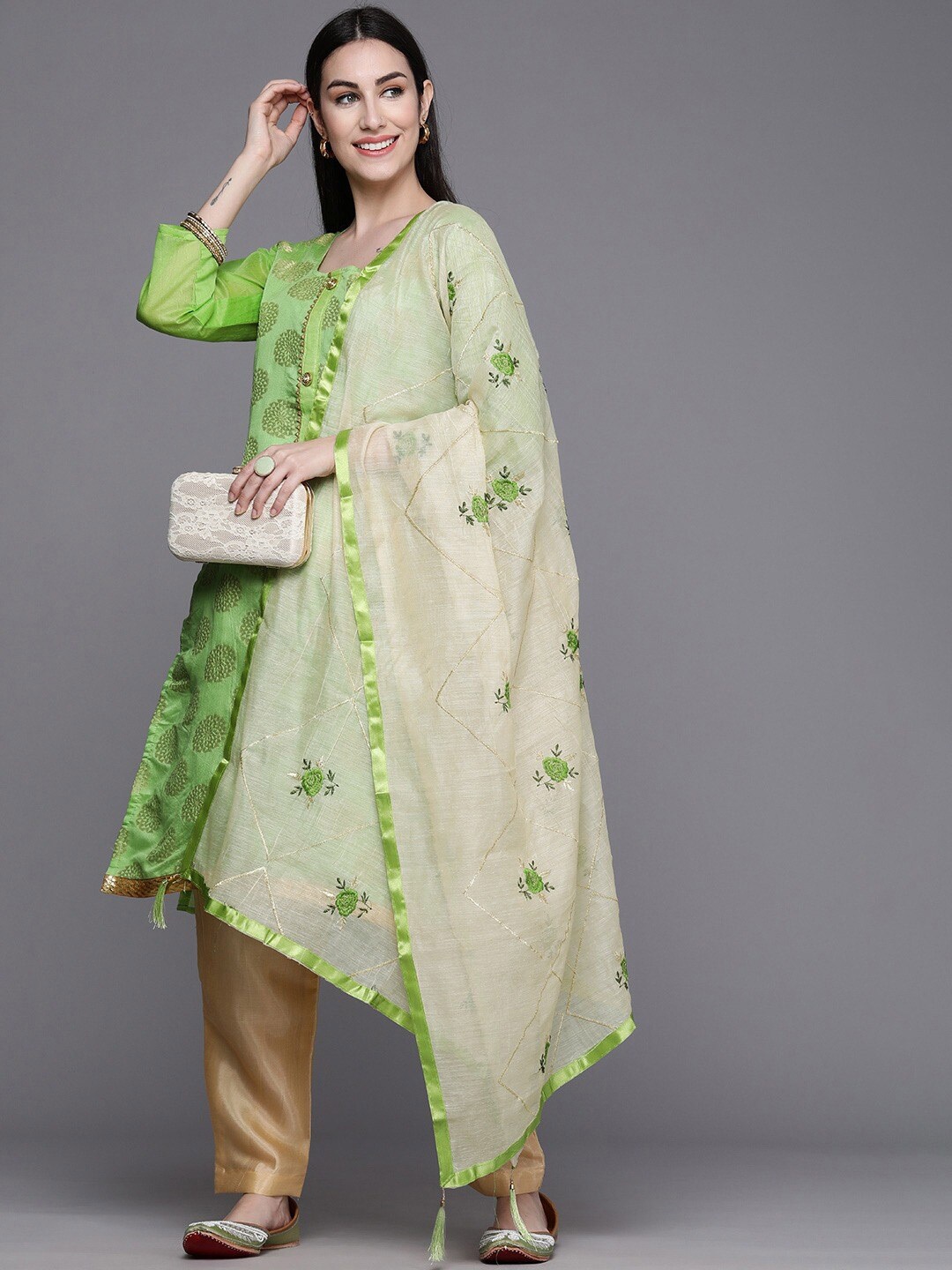 

KALINI Green & Cream-Coloured Unstitched Dress Material