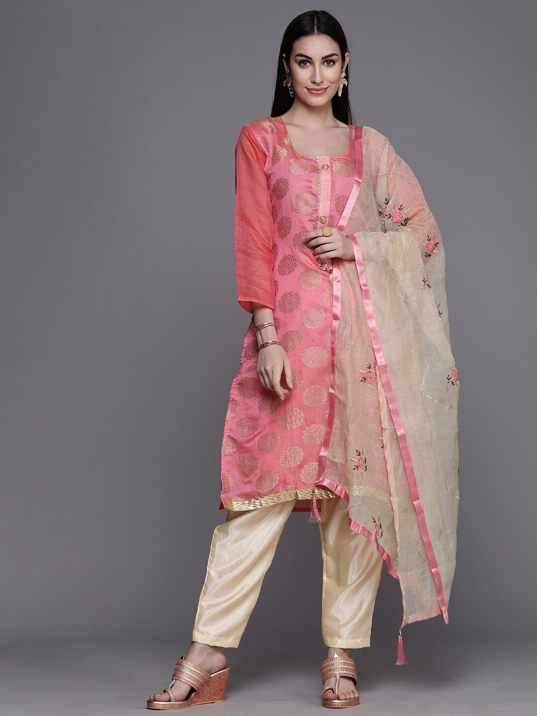 

KALINI Pink & Beige Unstitched Dress Material