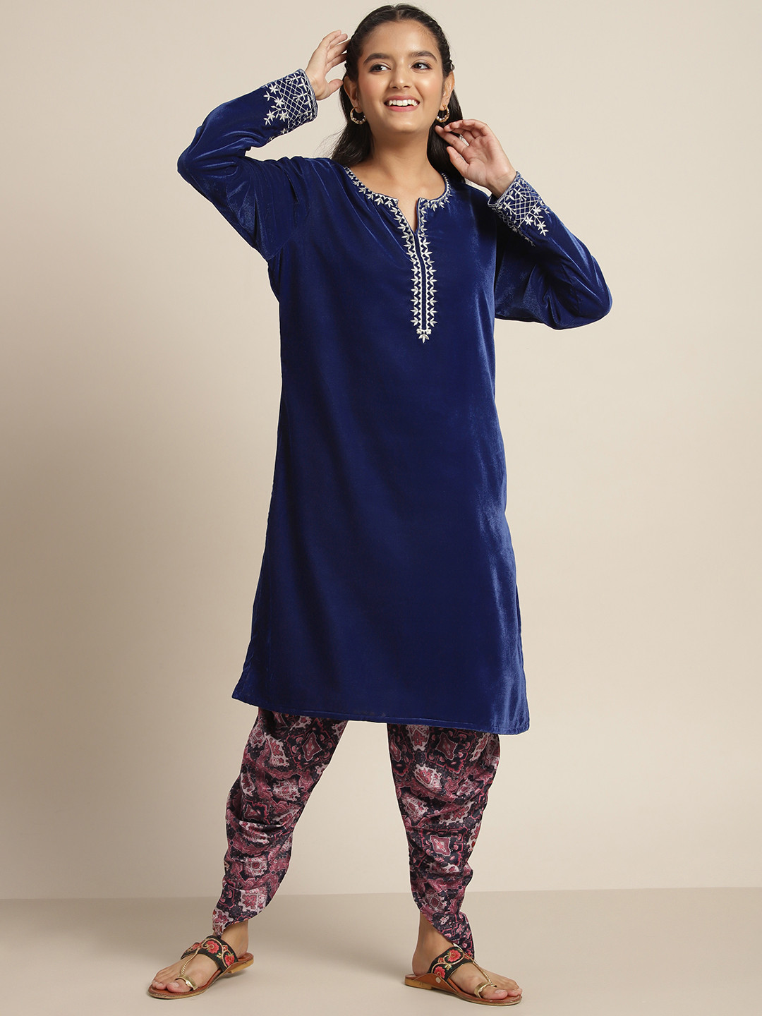 

Sangria Girls Navy Blue and Brown Ethnic Motifs Print Embroidered Kurta with Dhoti Pants