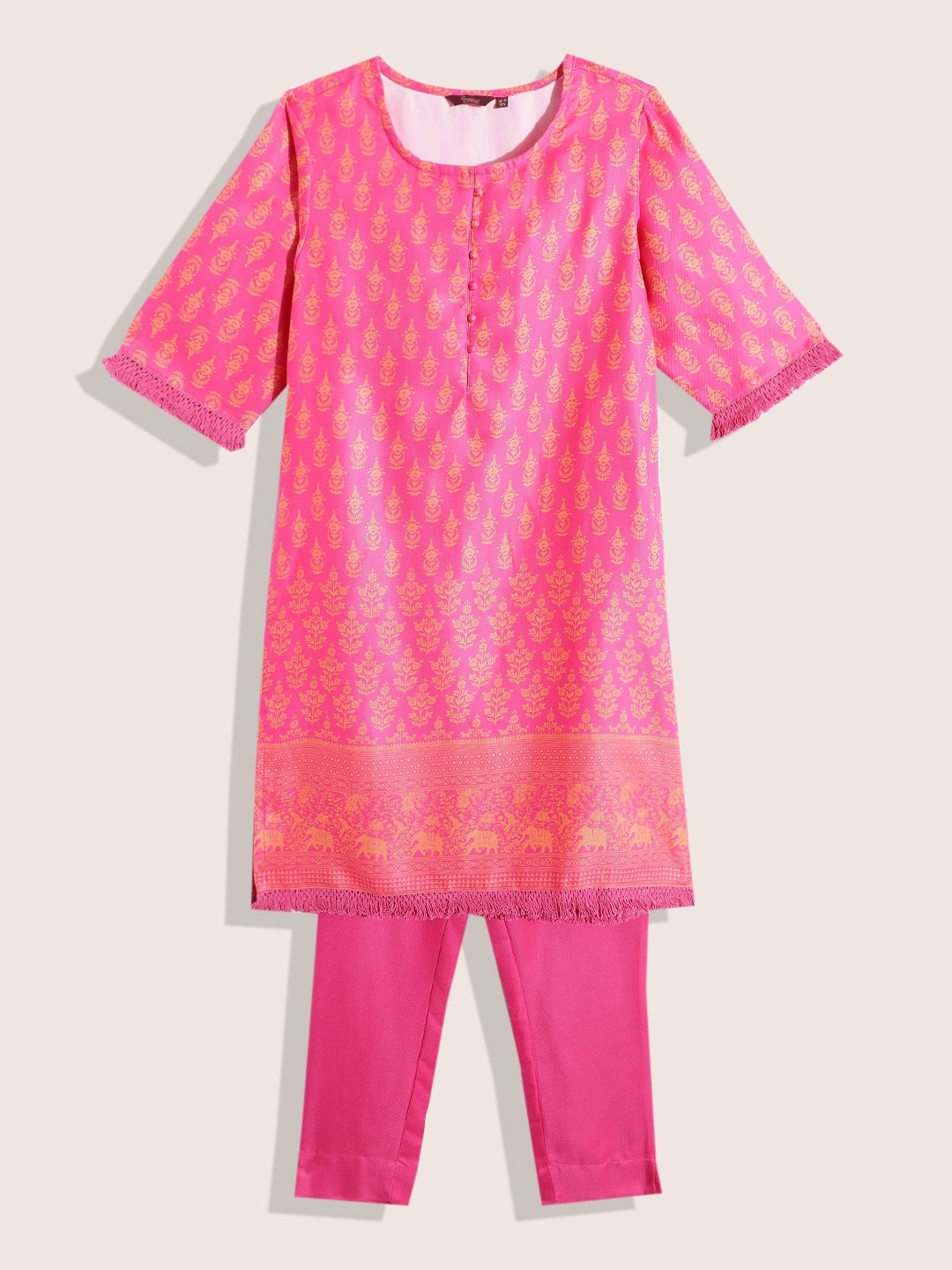 

Sangria Girls Pink & Yellow Ethnic Motifs Print Kurta with Trousers