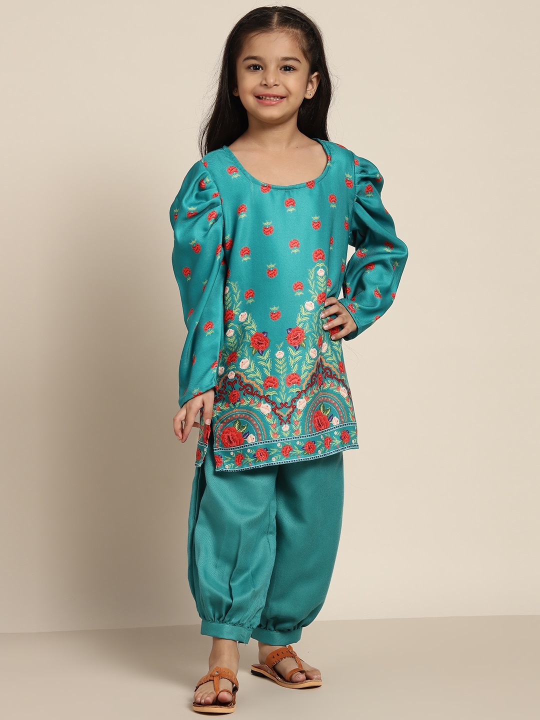 

Sangria Girls Teal Green & Red Floral Print Kurta with Salwar