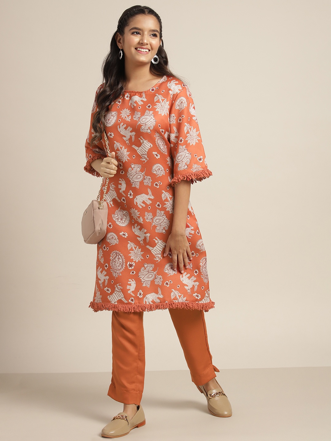 

Sangria Teen Girls Rust Orange & Off White Ethnic Motifs Print Cotton Kurta with Trousers