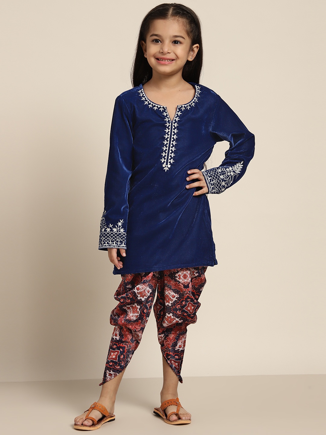 

Sangria Girls Navy Blue and Brown Ethnic Motifs Print Embroidered Kurta with Dhoti Pants