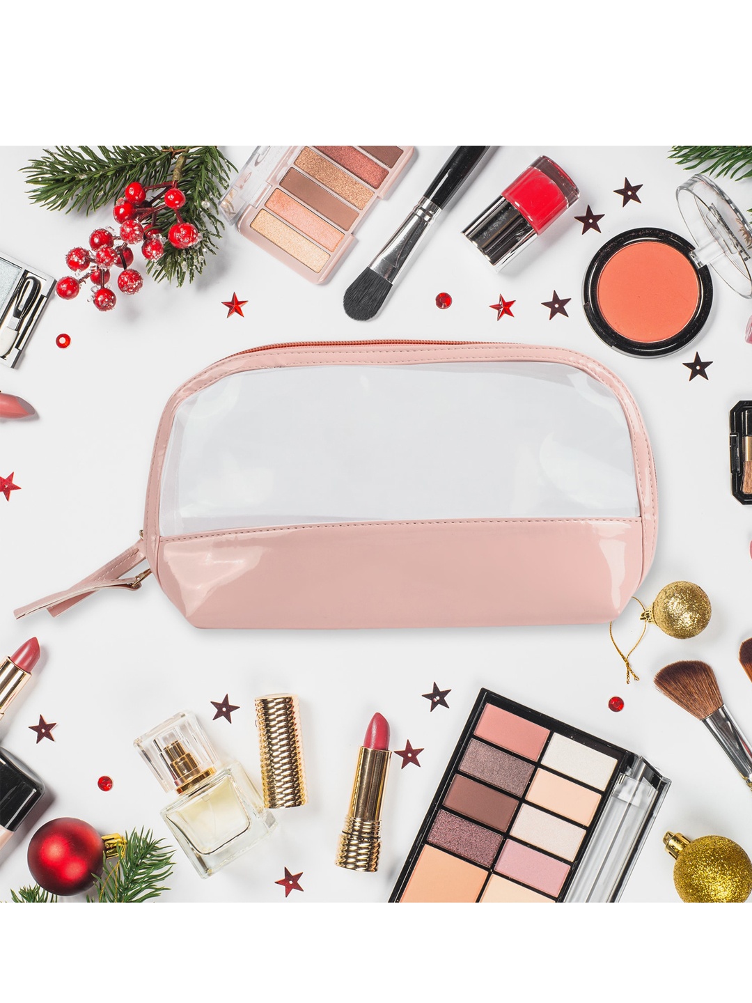 

NFI essentials Set Of 3 Solid Transparent Makeup Pouch, Red
