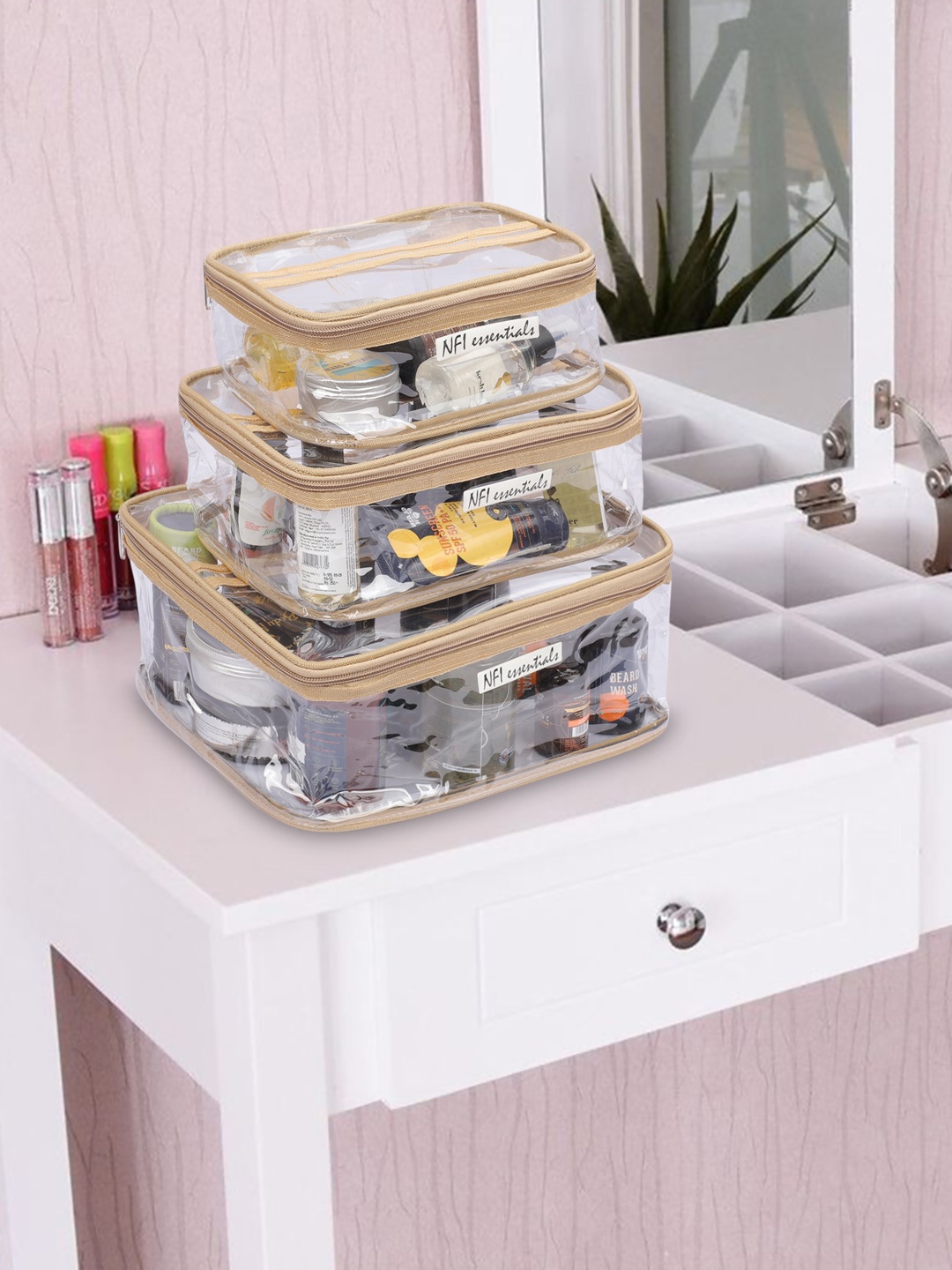 

NFI essentials Set Of 3 Beige Solid & Transparent Makeup Stroage Bag