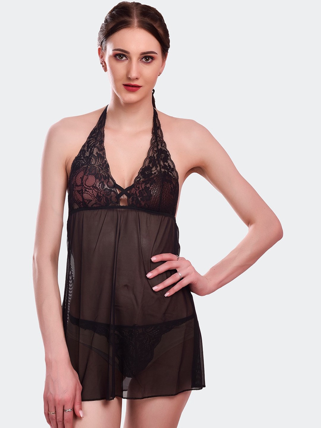 

Fleurt Women Black Halter Neck Baby Doll Night Wear