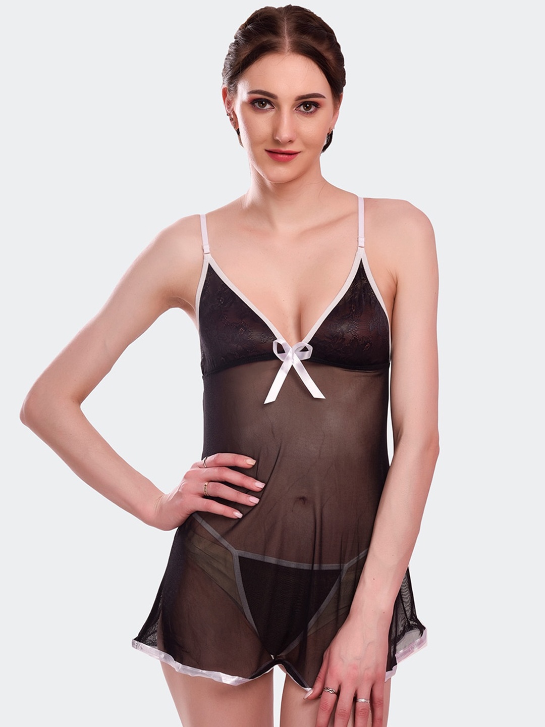 

Fleurt Black & Peach-Coloured Sheer Baby Doll